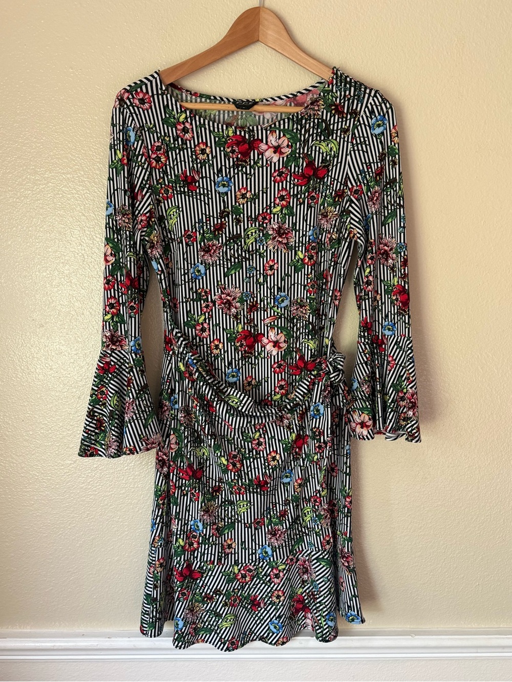 ECI Black & White Striped Floral Wrap Dress